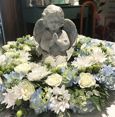 Arms of an Angel Blooming Wreath and Statue